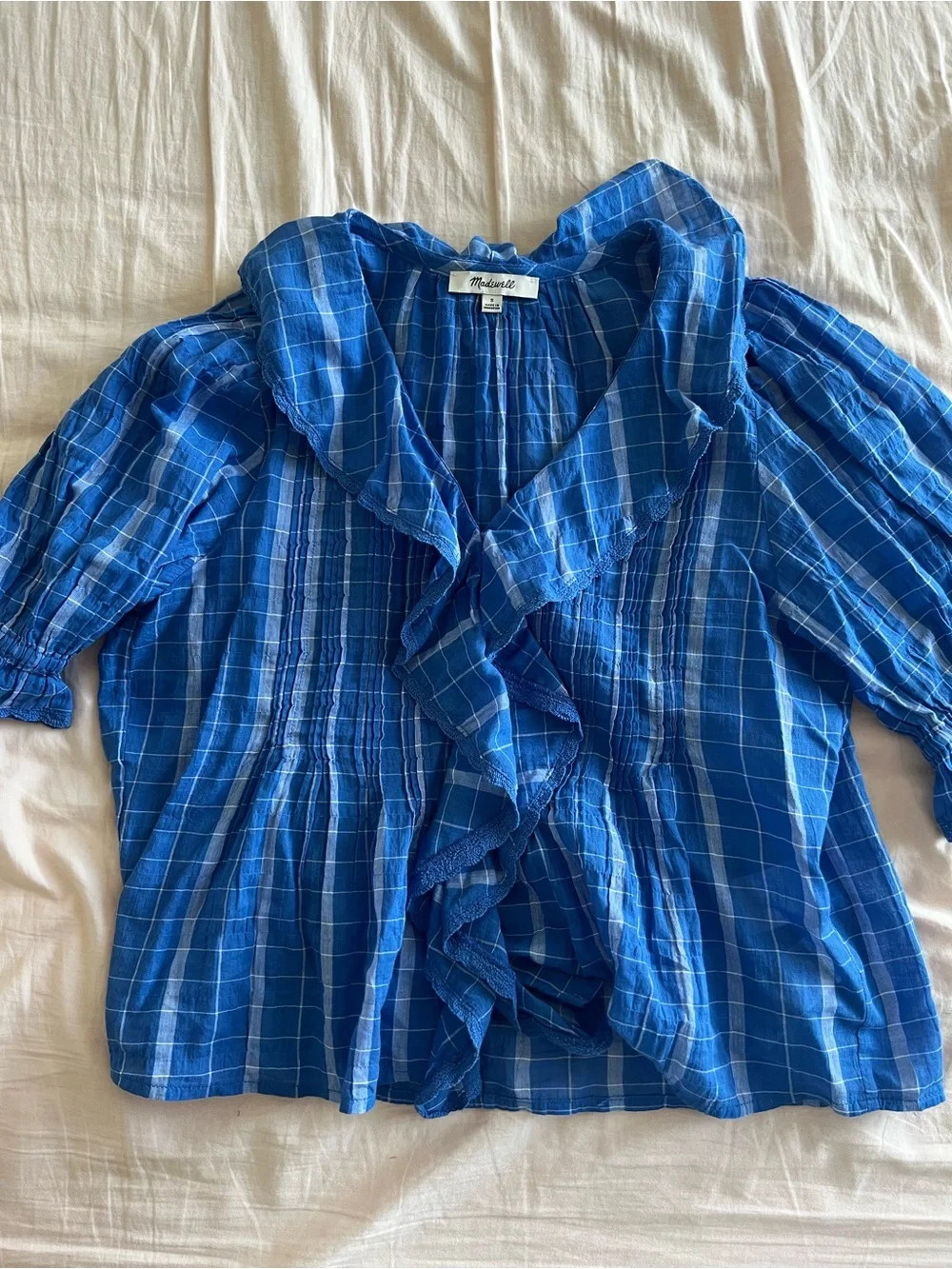 Madewell Blue Plaid Ruffle V-Neck Blouse